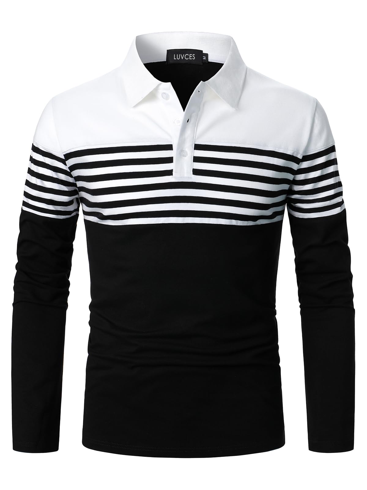 LUVCES Polo Manga Larga Hombre Camiseta de Golf Informal de Manga Larga a Rayas y Corte Ajustado de algodón con Colores en Contraste