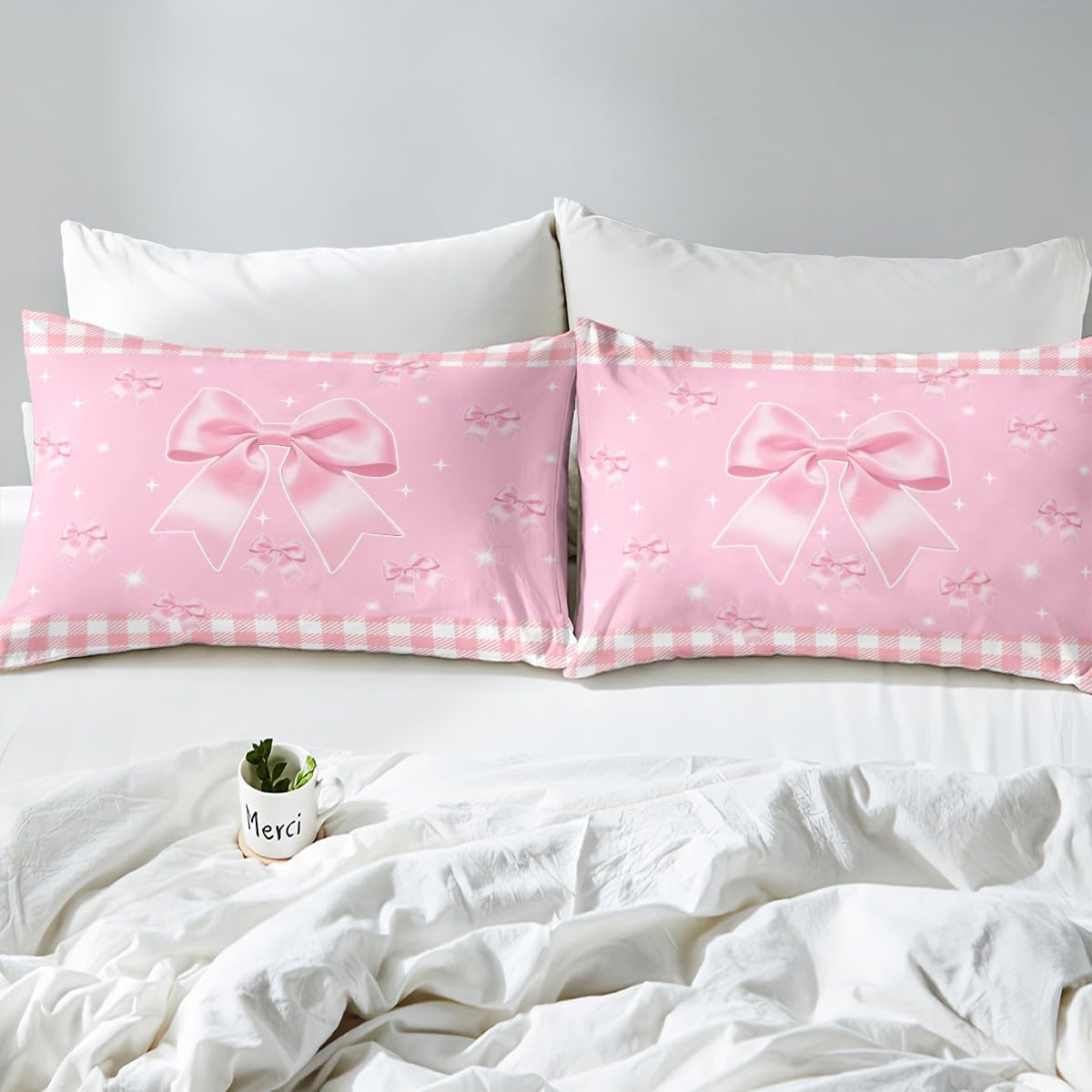 Homemissing Bowknot Duvet Cover Set Single Size For Kids Girls Teens Bedroom Bow Ribbon Bedding Set Cute Plaid Bow Pink Comforter Cover with 1 Pillowcase - Image 4