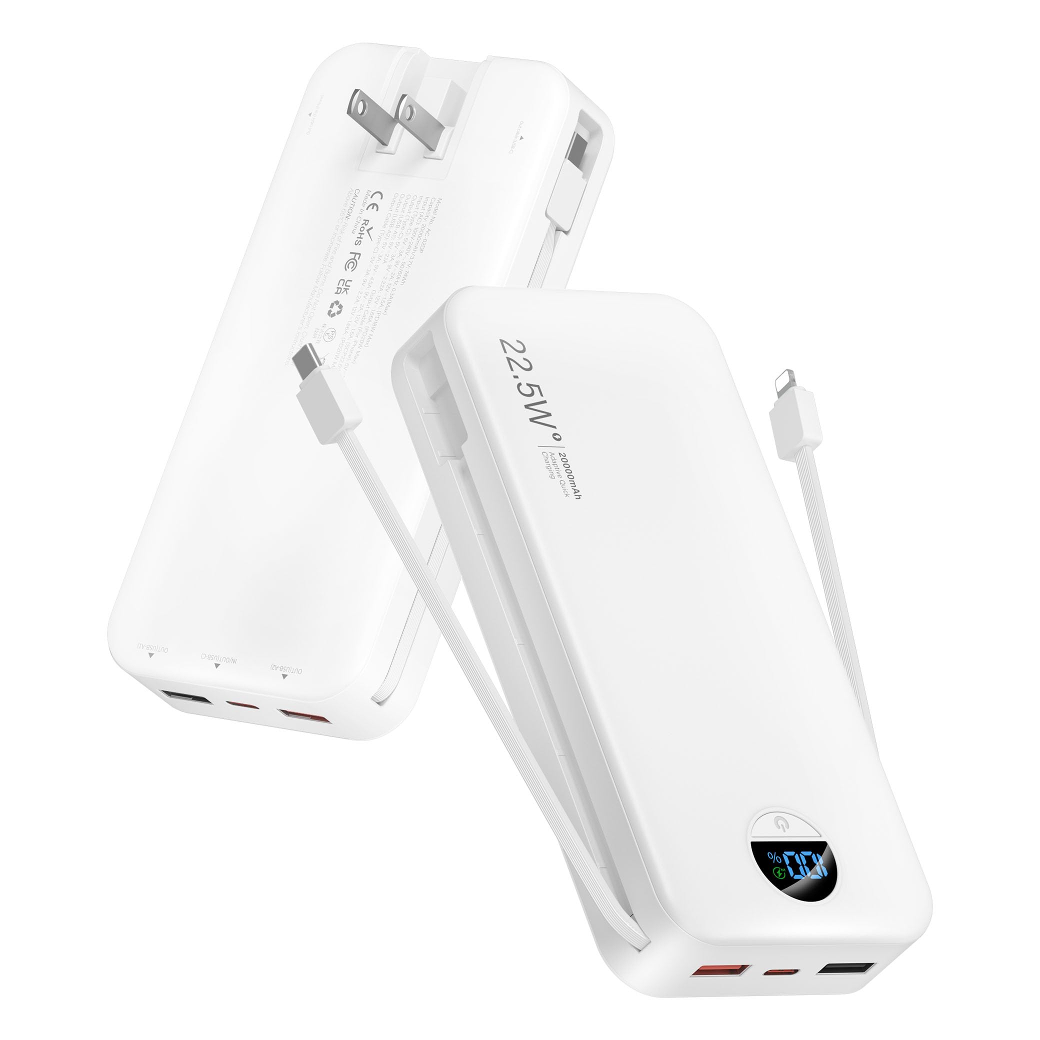 Portable Charger Power Bank, 20000mAh 22.5W Type C Fast Charging with Built-in Cable & Wall Plug, Portable Power Bank with LED Display, Travel Essential for iPhone, iPad, Samsung White