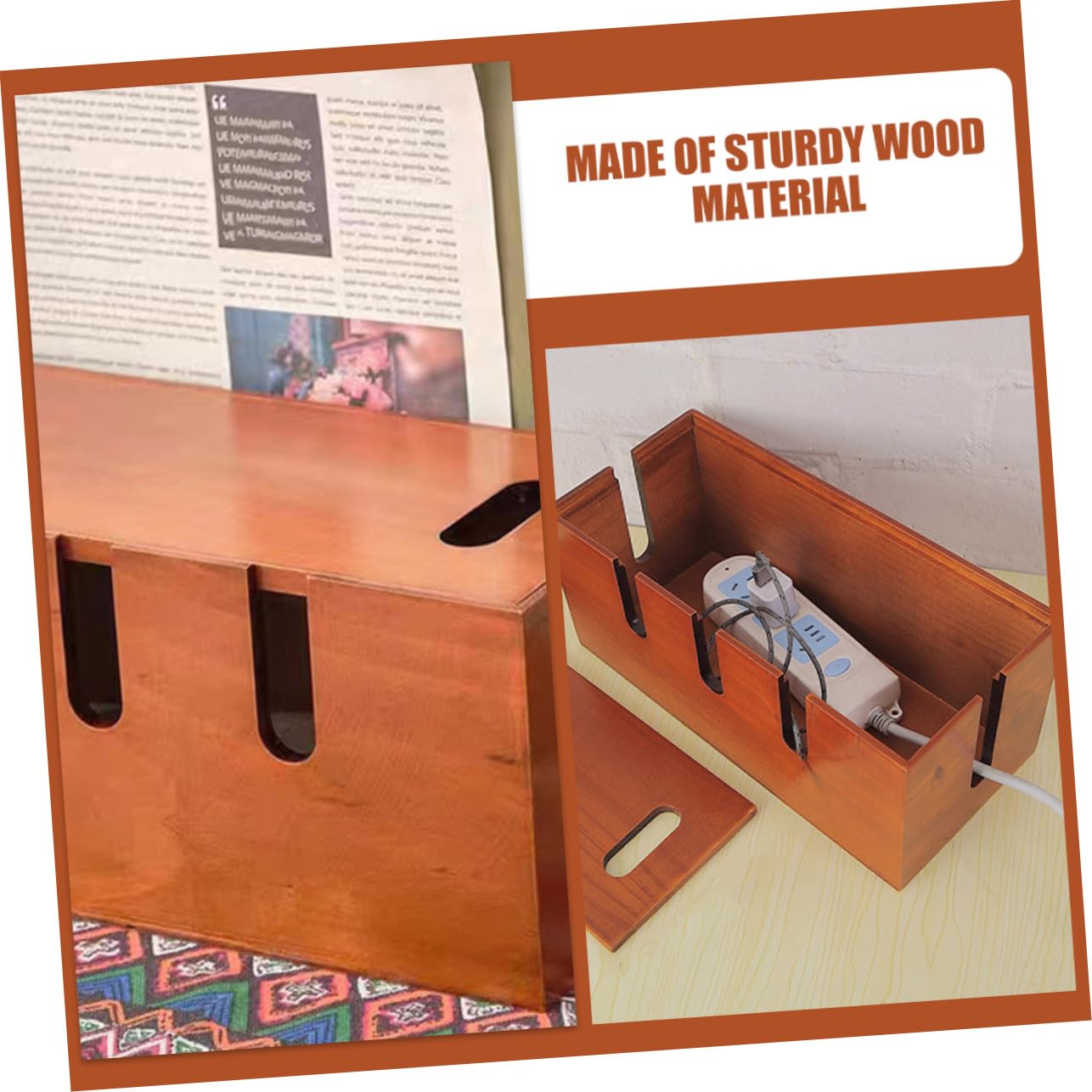 Scatola Organizer Cavi in Legno Marrone per Scrivania | Contenitore per Prese e Fili, Aspetto Moderno Semplice, Installazione Facile