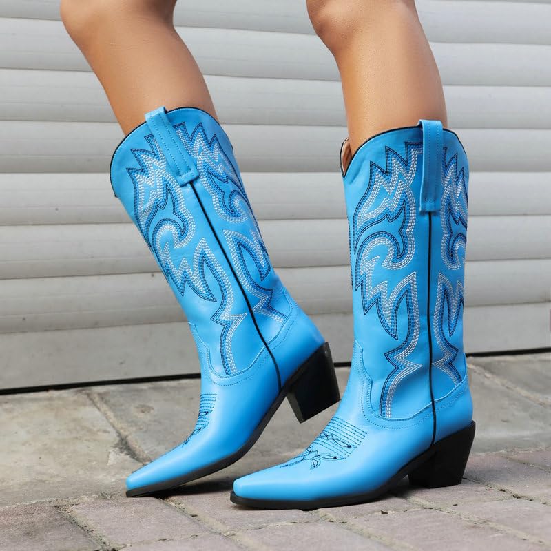 Cowboy Boots for Women Mid Calf Western Boots Embroidery Cowgirl Pull-On Pointy Toe & Wide - Neutral Retro Causal Comfortable Walking Lightweight Running Standing All Day Birthday Gifts Plus Size4