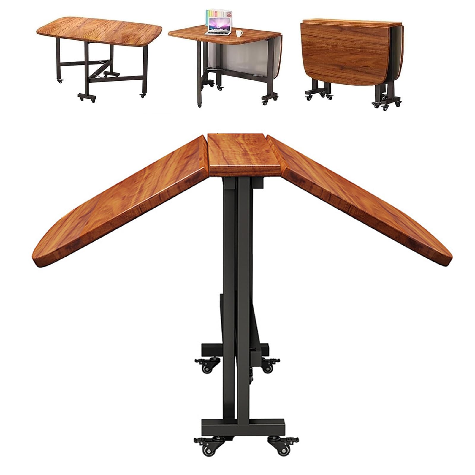 Folding Dining Table, Drop Leaf Dining Table for 4-8, Multifunction Expandable Folding Table for Small Spaces Kitchen, Bedroom, Living Room, Solid