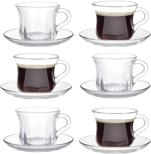 Miniatura 11 de Juego de 6 tazas de té y platillos de vidrio, tazas de café vintage con cuchara de acero inoxidable, aptas para lavavajillas y microondas, para jugo