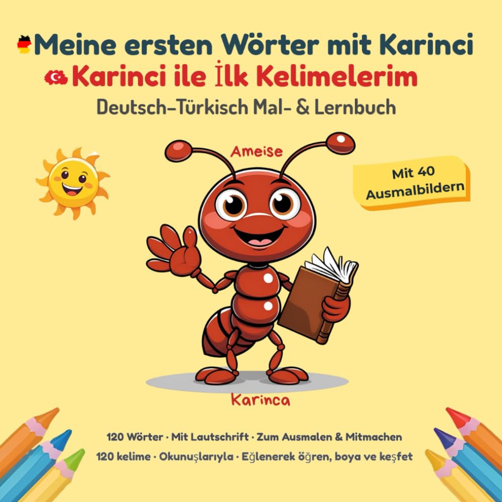 Meine ersten Wörter mit Karinci Deutsch–Türkisch Lern- & Malbuch für Kinder ab 3 Jahren: 120 zweisprachige Wörter mit Lautschrift & 40 große Ausmalbilder für Ausmalspaß