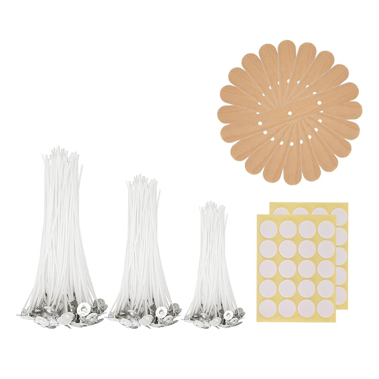 Auroh White 120 Pcs Candle Wicks For Making Candles – 10Cm/15Cm/20Cm Long Pre-Waxed Wicks With 10 Pcs Self Centering Holder And 120 Stickers For Diy Candles - Longer Burning Time With Low Smoke