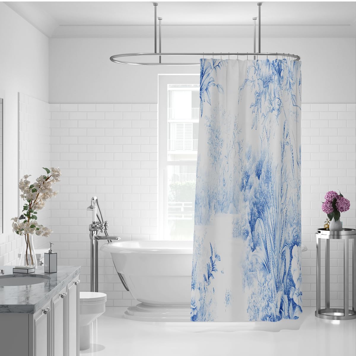 Rideau Douche Bleu Blanc Motif Floral Classique W180xL200 cm