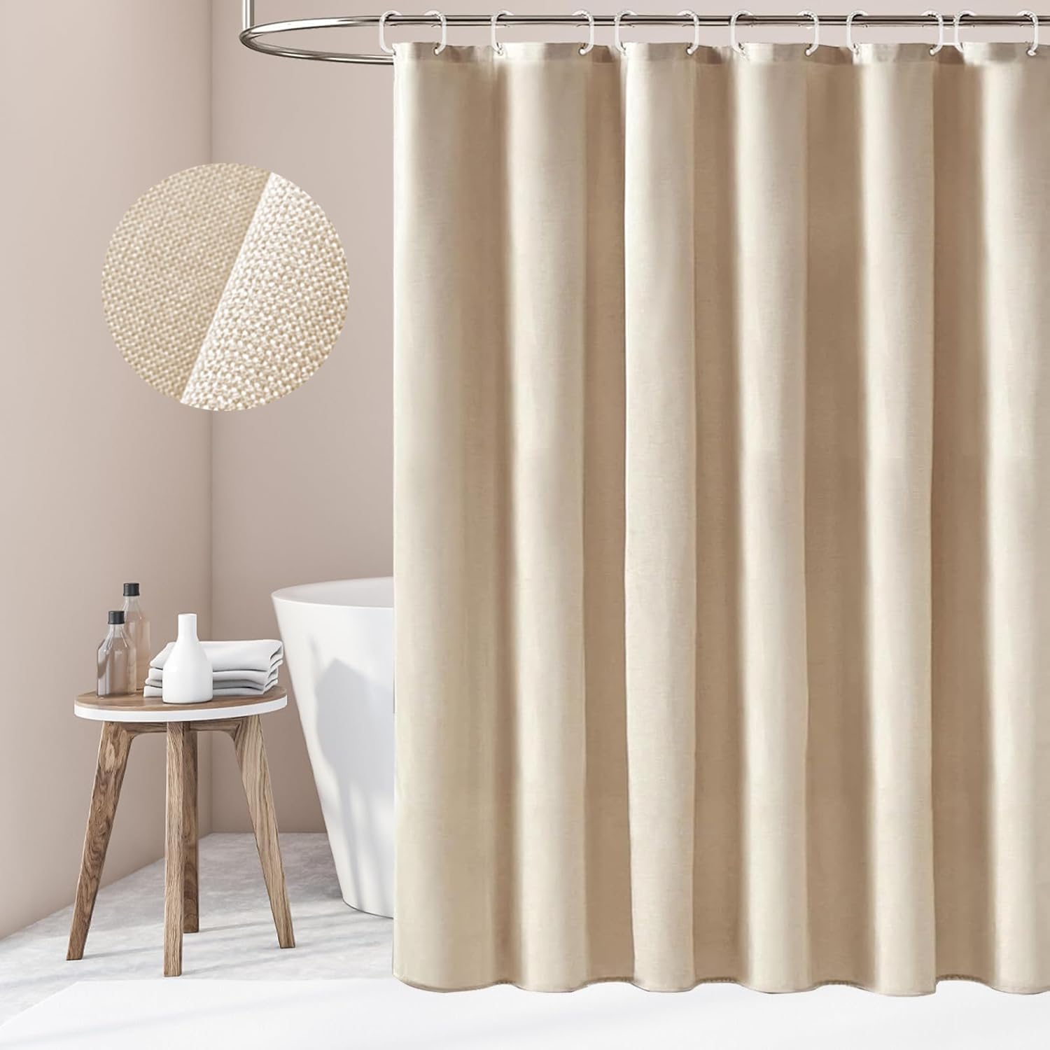 Cortina de Ducha 180 x 200 cm, Cortina de Ducha Antimoho, Cortina de Ducha Plegable, Cortinas de Baño para Bañera, Cortinas Baño Tela Impermeable, Cortina de Ducha con 12 Anillas, Beige