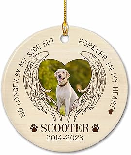 No Longer by My Side But Forever in My Heart Ceramic Ornament, Personalized Angel Wings Frame Dog Christmas 2023 Keepsakes, Custom Name & Photo Dog Pet Memorial Ceramic Ornaments Gifts for Xmas Tree