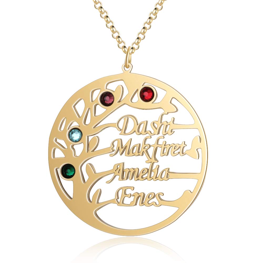 kaululu Collana Donna Albero della vita con Nome Personalizzabile 2-4 Famiglia Bff Nomi Incisione Simulato Pietre Collane Mamma con Nome Ciondolo in 925 Argento Gioielli Compleanno (Gold, 4 name)