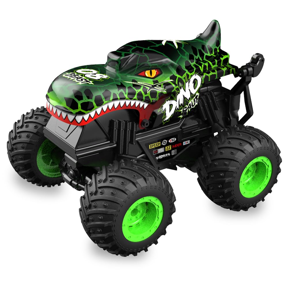 1:20 RC Car for Kids, 2.4GHz Remotes, Green Dinosaur Monster Truck Toys, All Terrain Stunt Remote Control Car with Music, Light, 2 Rechargeable Batteries, Gift Present for Boys/Girls Ages 3+