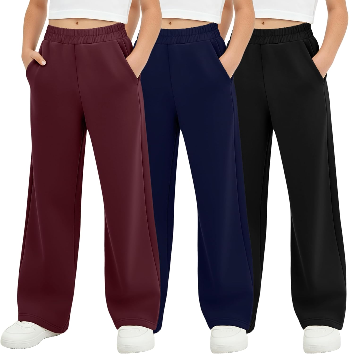 3 Pack Girls' Sweatpants Kids Straight Leg Casual Baggy Joggers Teen Loose Athletic Lightweight Pants with Pocket
