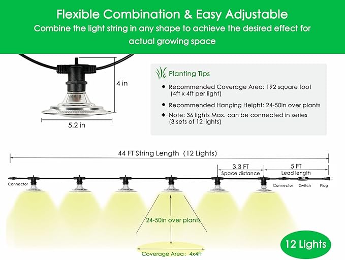 The Outdoor Grow Light String for Greenhouse Plants is a convenient and efficient way to provide adequate lighting for your plants. This string of lights is 44 feet long and comes with 12 lights, providing full spectrum lighting that is ideal for seedlings, vegetables, flowers, and other plants. The lights are waterproof, making them suitable for outdoor use in a greenhouse, garden, backyard, or farm.