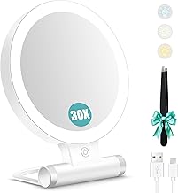 B Beauty Planet 1X/30X Double Sided Magnifying Mirror with Light, 3 Lighting Modes, 2000mAh Adjustable Brightness, Compact and Foldable Travel Makeup Mirror