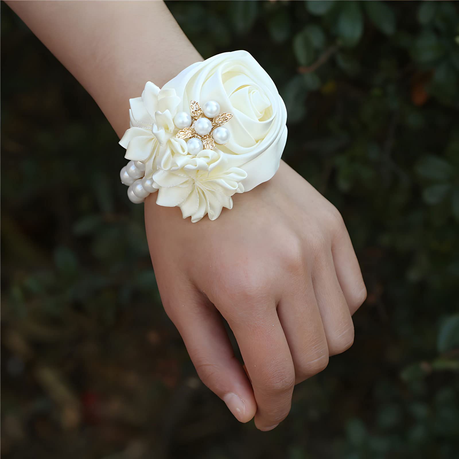 4-Piece Satin Rose Pearl Wrist Flower Set for Weddings & Formal Events White Silk Rose Wrist Corsage 2-Pack | eFavormart main image 4