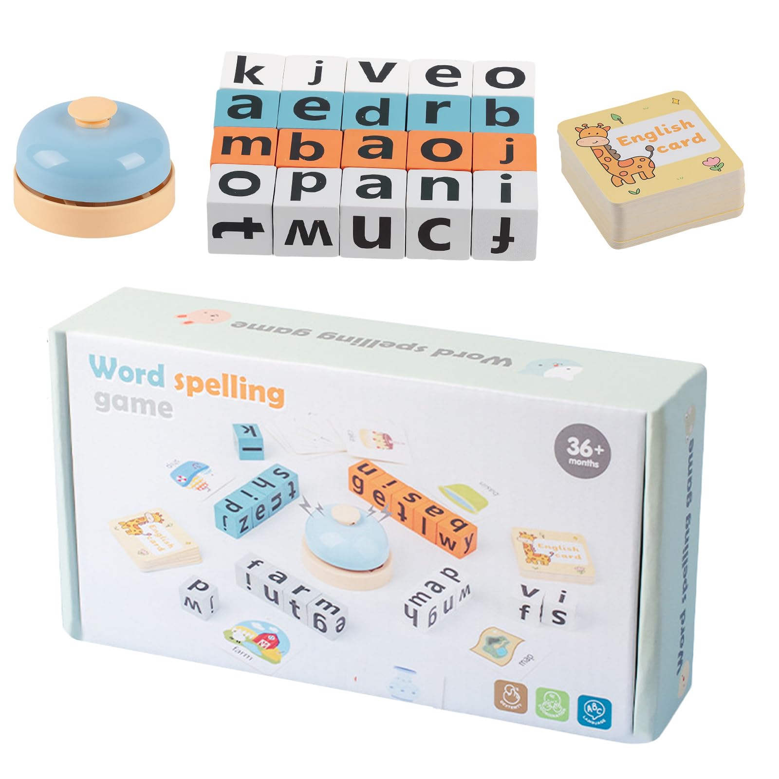 Wooden Word Spelling Games Set - Scrabble Letters Phonics Games with 64 Flash Cards & Bell, Alphabet Puzzle Game, Early Development & Activity Toys Match and Spell