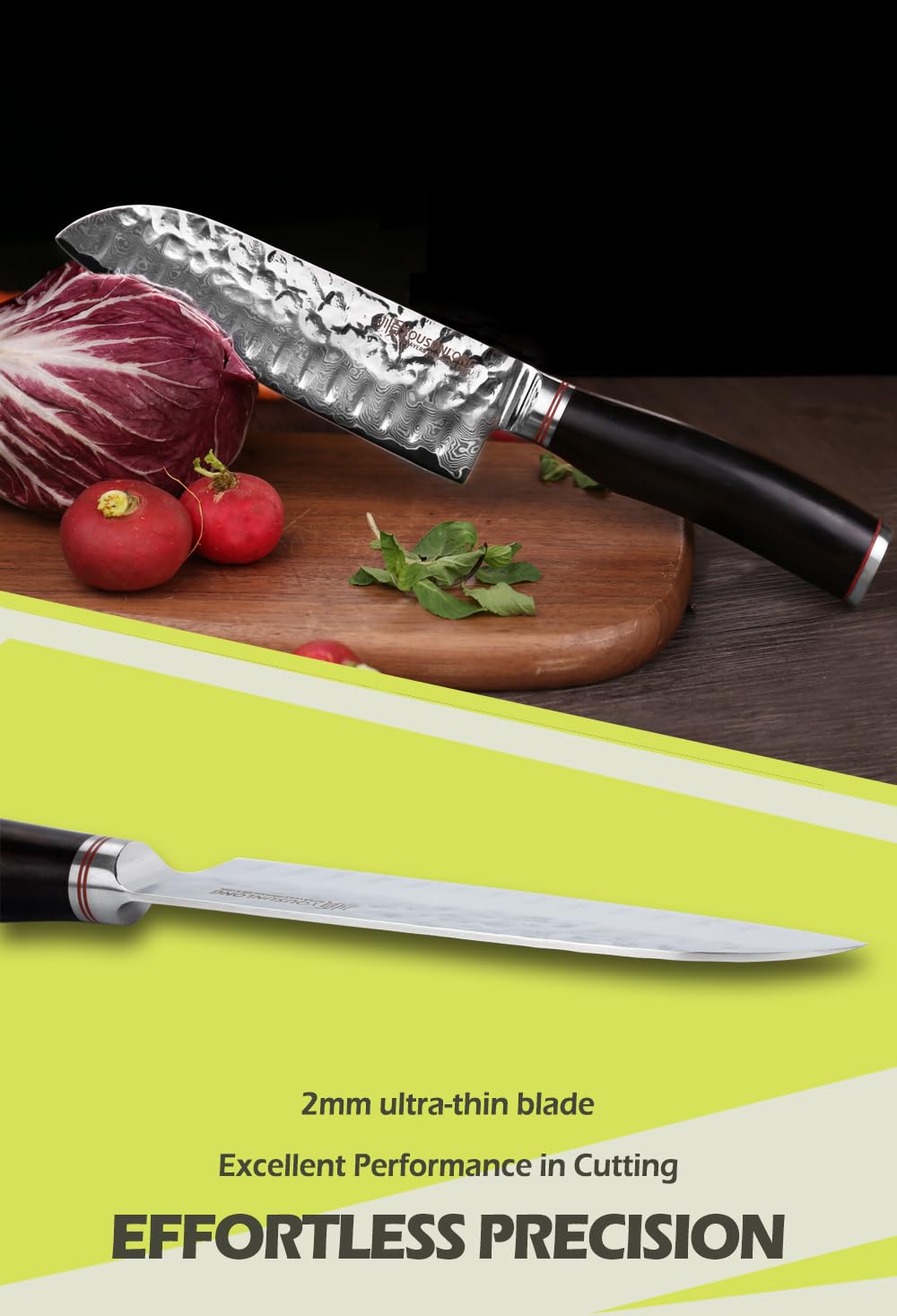 YOUSUNLONG Coltello Santoku - Coltello da cucina, 177 mm - Coltello da chef professionale - Damasco giapponese ad alto tenore di carbonio VG10 - Manico in ebano naturale con fodero in pelle