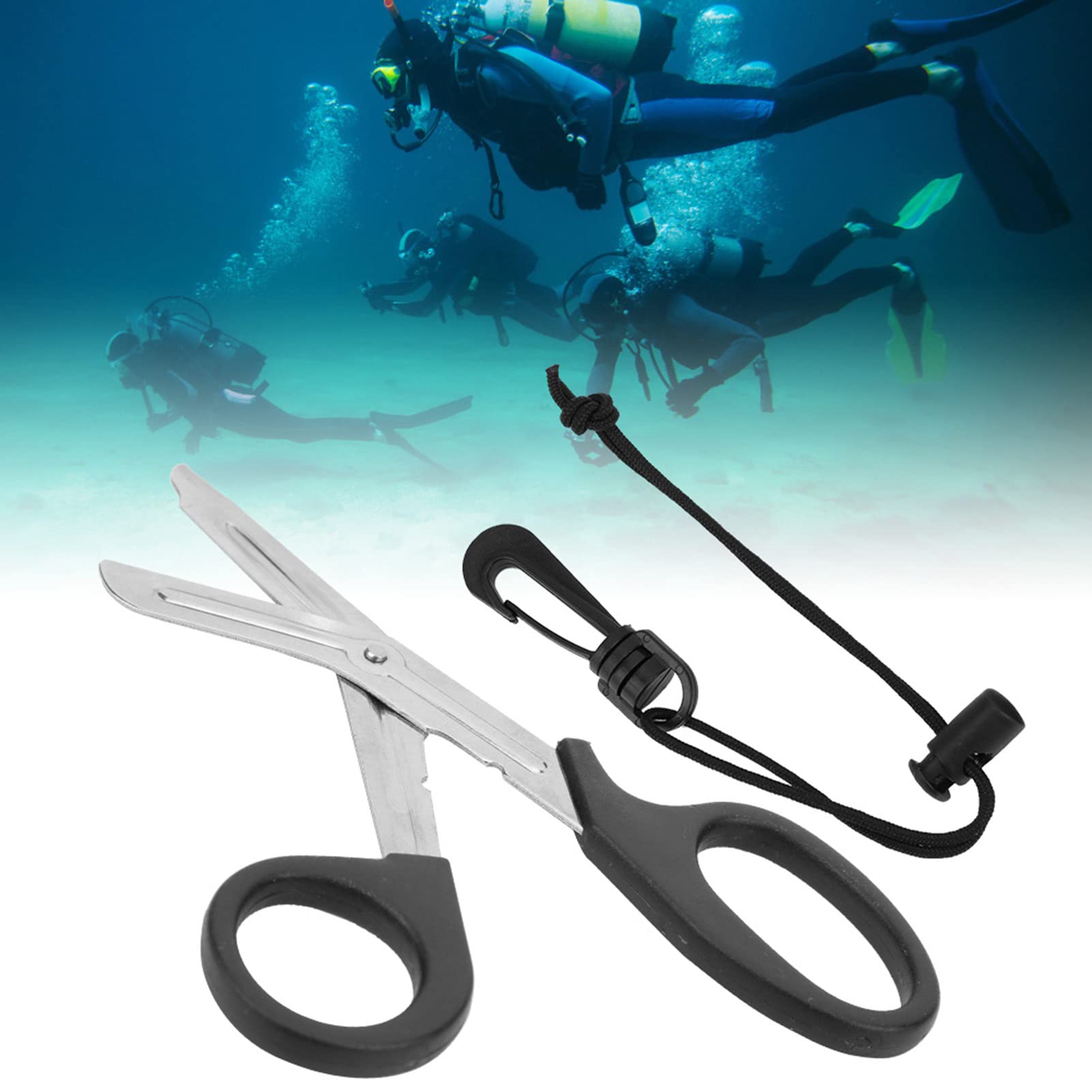 JD-918 Diving Scissors, 420 Stainless Steel Underwater Shears with Safety Hook Anti Loss Rope Multi Purpose Fishing Net Cutter for Scuba Snorkeling Emergency Escape
