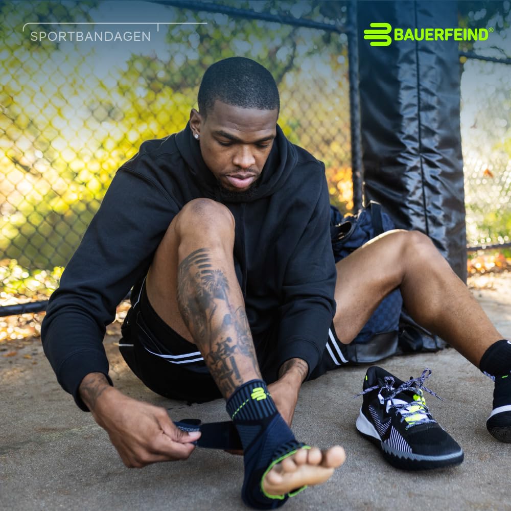 BAUERFEIND Sprunggelenkbandage „Ankle Support“ Unisex, 1 Sprunggelenk Bandage für Sport wie Fußball, Fitness und Joggen, Kein Umknicken durch Knöchelbandage, Schwarz, M