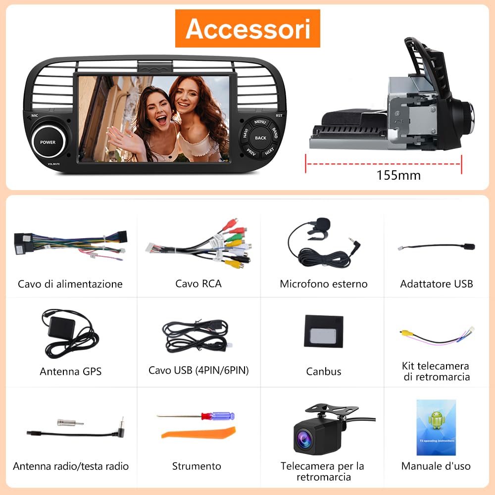 Autoradio per Fiat 500 (2007-2015) Android 13 Car Radio (2+64GB) con CarPlay Android Auto GPS BT Comandi al Volante FM RDS + Fotocamera Posteriore (Nero)