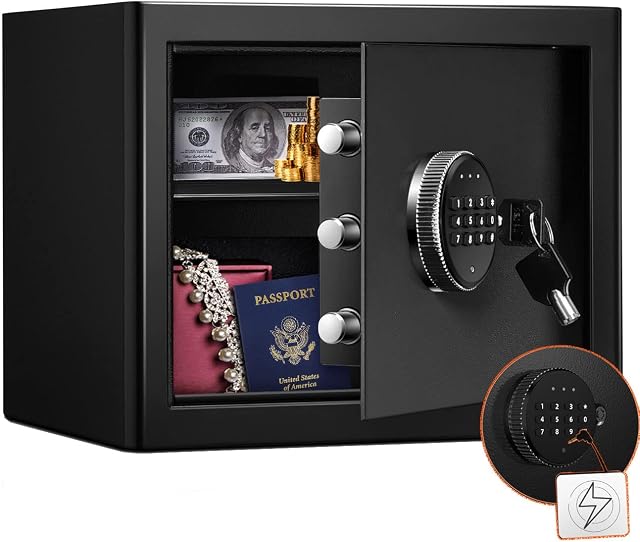 16.9L Security Safe Cash Box,WASJOYE Cabinet Safe with Double Digital Keypad Safety Key Lock for Home Business Office Hotel Money Document Jewelry Passport (35x25x25cm)