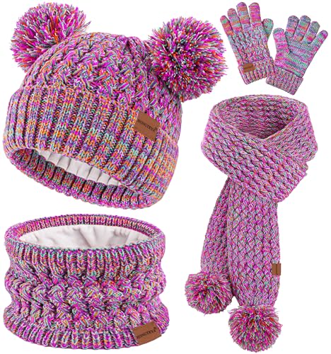 HONGTEYA 4 Pcs Kids Winter Hat Gloves Scarf Set, Thicken Warm Toddler Beanie Mittens Neck Warmer Set for Boys Girls 3-15