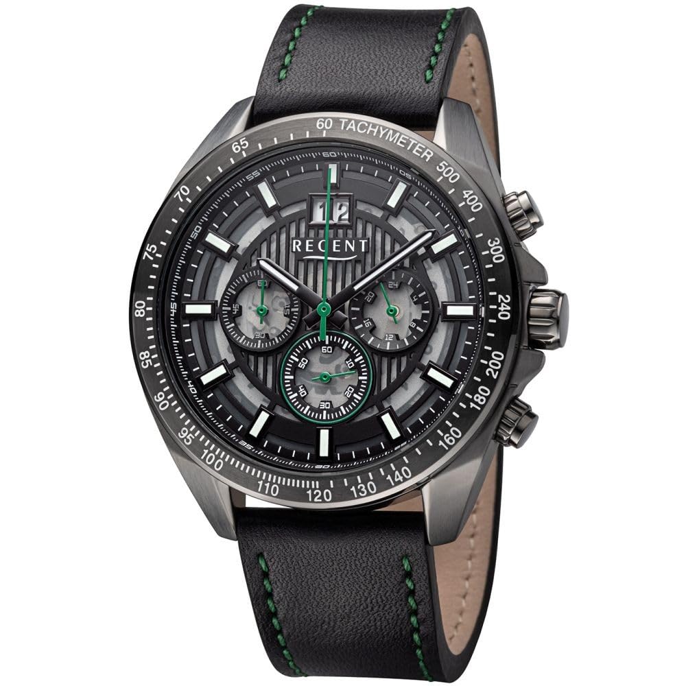 REGENT Orologio da uomo in acciaio inox con cinturino in vera pelle, analogico, 10 ATM, BA-829, Gunmetal-nero-verde, cinghia