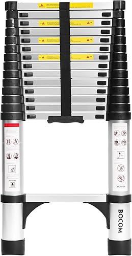 Miniatura 10 de BOCOM Escalera telescópica de aluminio de 8.5 pies, extensión plegable multiusos ligera con 2 estabilizadores triangulares, capacidad máxima de 330