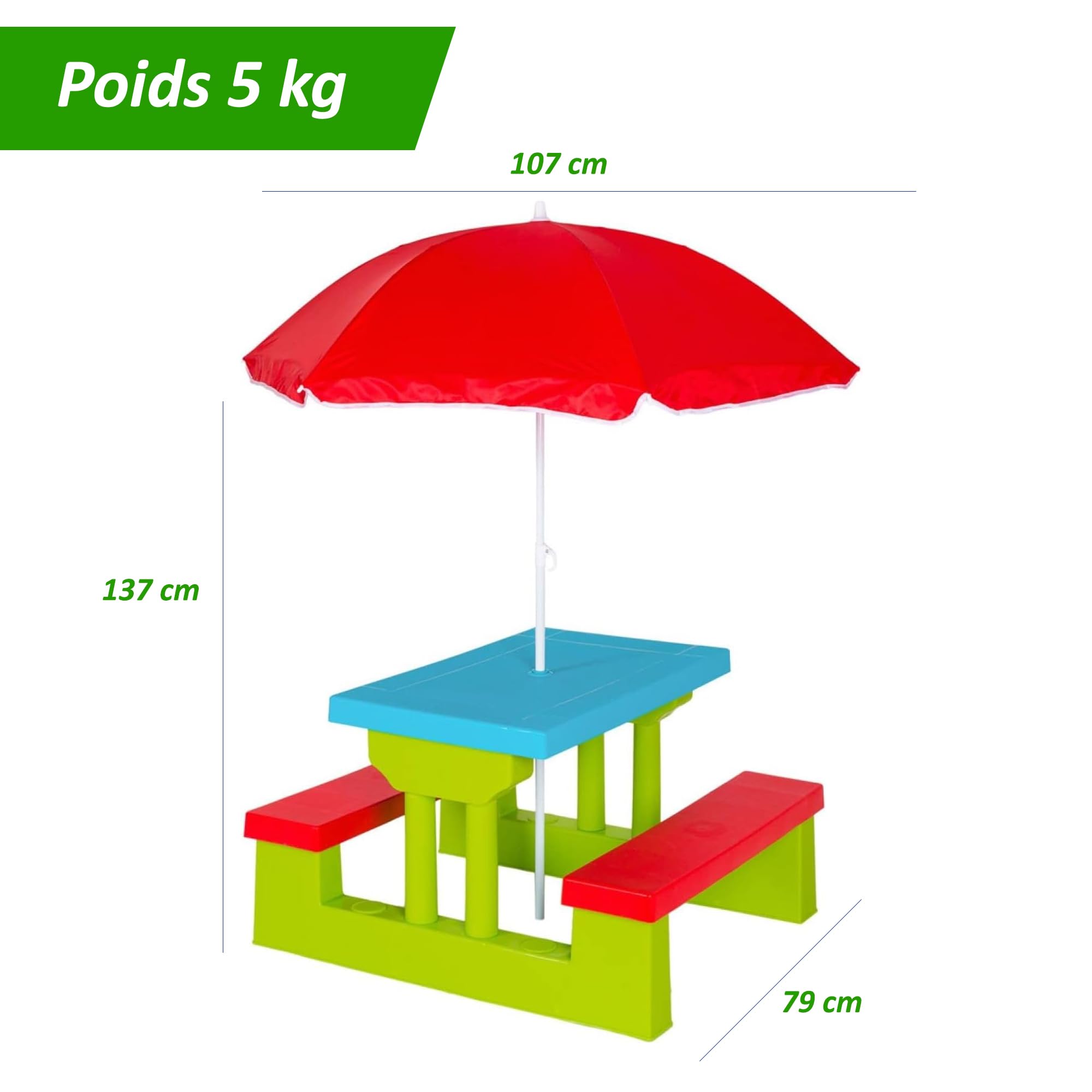 Coil Table de pique-nique multicolore pour enfant - Table, banc, chaise et parapluie