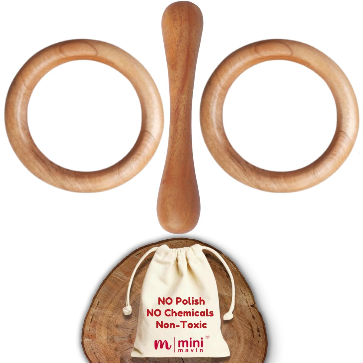 MINIMAVIN Natural and Chemical-Free Neem Wood Teethers | bpa Free Wooden teether for 6 to 12 Months Baby | Anti-Bacterial and Anti-Fungal ((2Ring+Dumbell))-image-47