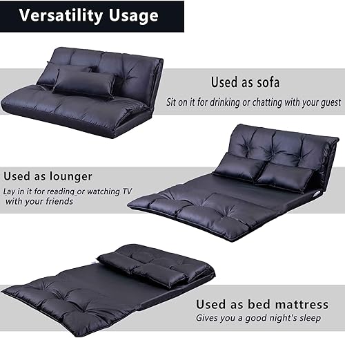 Miniatura 3 de RIDFY Sofá perezoso con 2 almohadas, sofá cama de suelo con respaldo ajustable, sofá futón plegable para leer juegos, espacios pequeños,