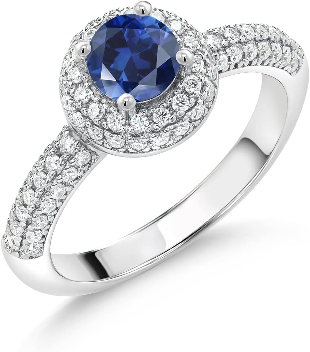 Gem Stone King 925 Sterling Silver Gemstone Birthstone and White Moissanite Halo Engagement Ring For Women | Round 5MM | Wedding Anniversary Promise Ring | Available In Size 5, 6, 7, 8, 9