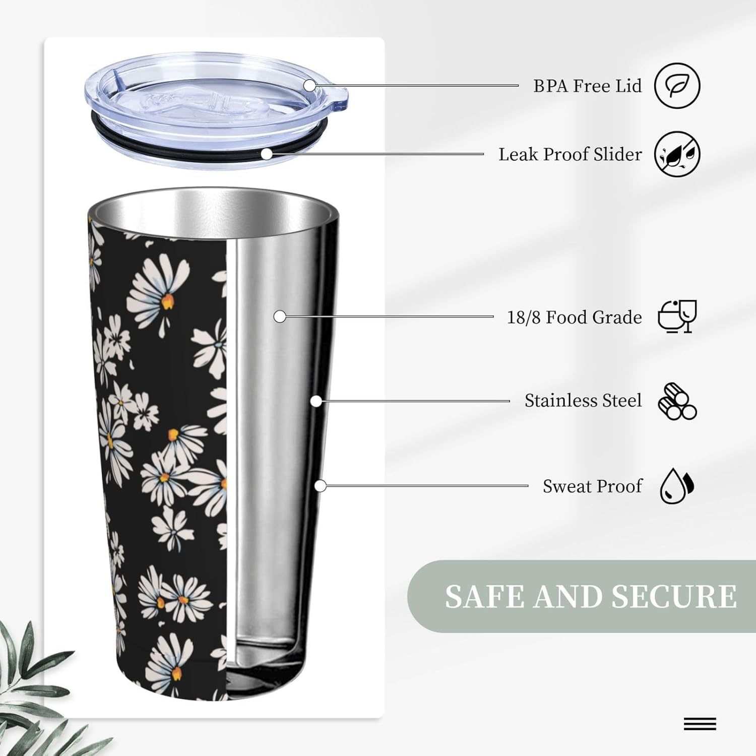 Daisy Flowers Tumbler 20oz Floral Stainless Steel Insulated Tumblers with Lid and Straw Black Travel Coffee Mug Tea Wine Cups Water Bottle Sport Gifts for Women - Image 4