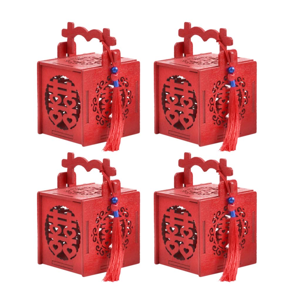 Amosfun Red 4Pcs Wedding Favour Boxes Chinese Wooden Wedding Candy Gift Boxes Chocolate Sweet Boxes For Chinese Wedding Favors 5,4 * 5,4 * 5,5 Cm