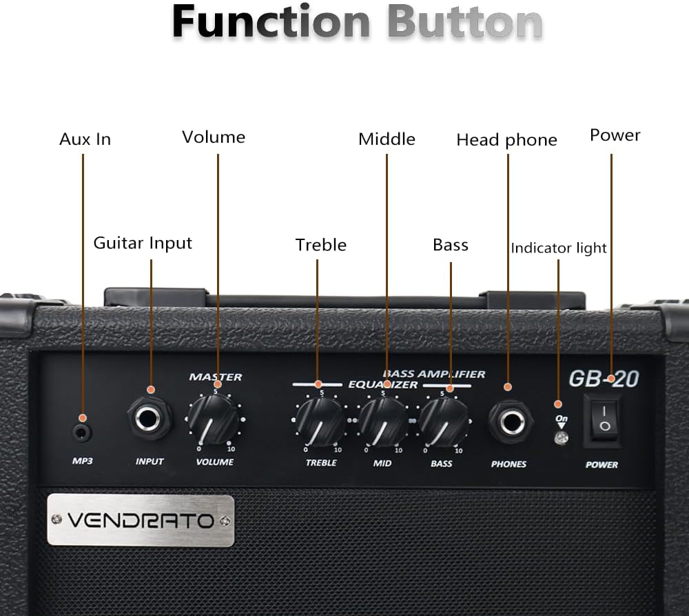 Electric Bass Amplifier 20w amp Black Color Multi Band Treble Middle bass mp3 Headphone Jack Portable for Starter Beginner Practice Travel bass Amp noiseless Cable Picks and Adapter with