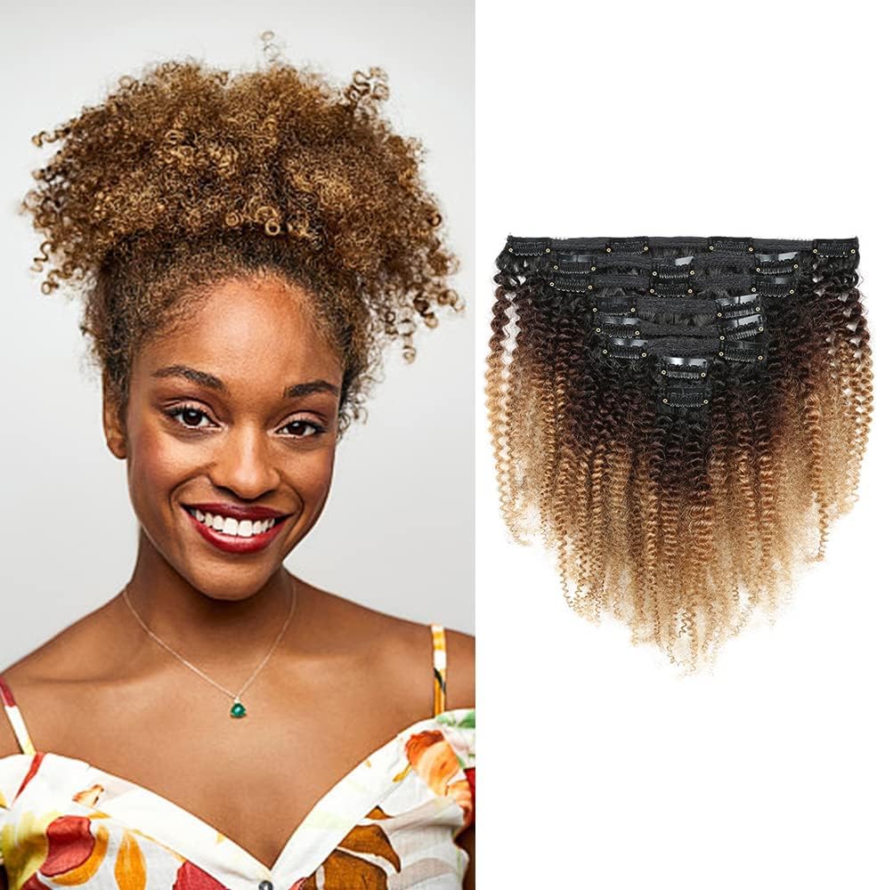 12 Inch Afro Kinky Curly Clip in Hair Extension 8Pcs/Set including 18 Clips 8A Virgin Human Hair Clip in Extensions 120 Grams/Set(T1B-4-27#)