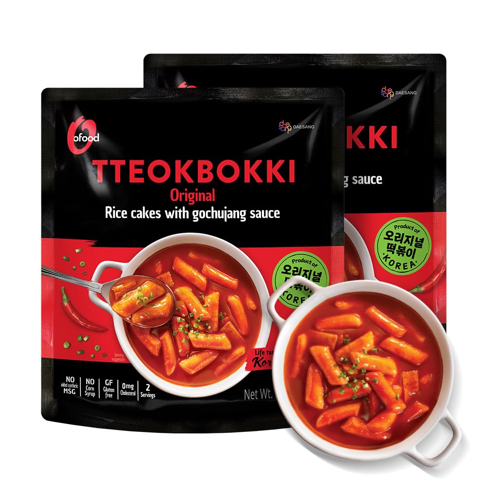 O’Food Tteokbokki Korean Rice Cakes – [Original Gochujang | Pack of 2] – Gluten-Free (Except BBQ), Healthy/ Savory/ Bold/ Fiery, 0 Cholesterol/ 0 Trans Fat/ No MSG/ No Corn Syrup, Spicy Street Snack, Ready in Minutes