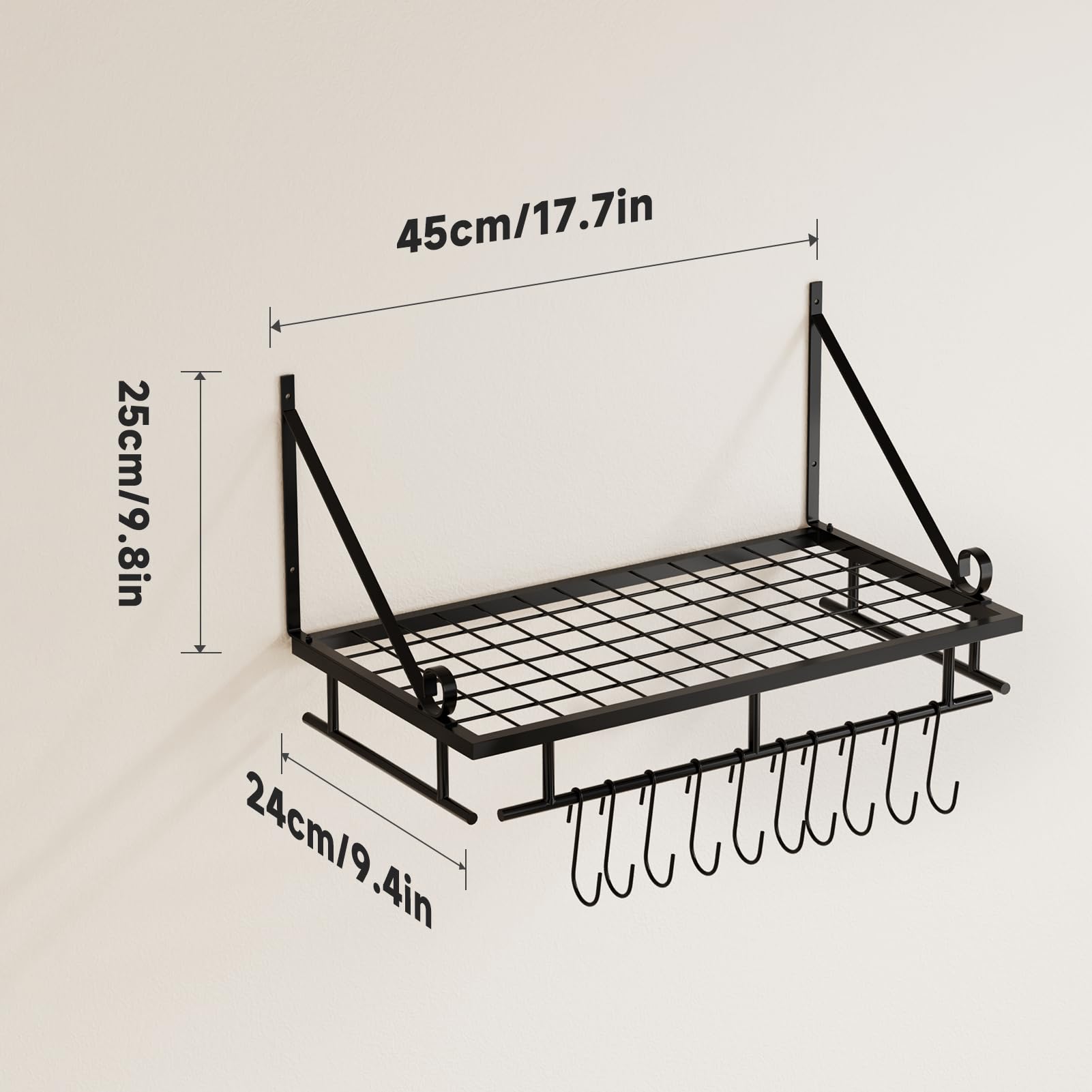 Xemqener Étagère murale à suspendre pour casseroles avec 10 crochets amovibles, étagère murale avec porte-serviettes, organiseur pour ustensiles de cuisine, salle de bain 45*24*25cm