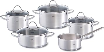 Fissler Palermo/Stainless Steel Saucepan Set of 5 Pots with Glass Lids 3 Saucepans, 1 Stewing Pan, 1 Saucepan - Induction