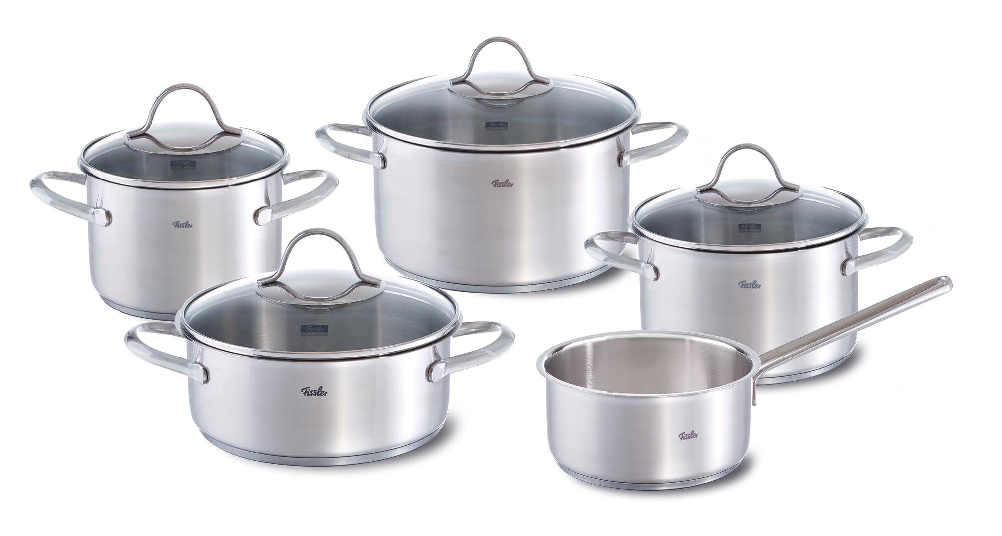 Fissler Palermo 5-częściowy zestaw garnków ze stali nierdzewnej, ze szklaną pokrywką (3 garnki, 1 garnek do pieczenia, 1 rondel) – indukcja