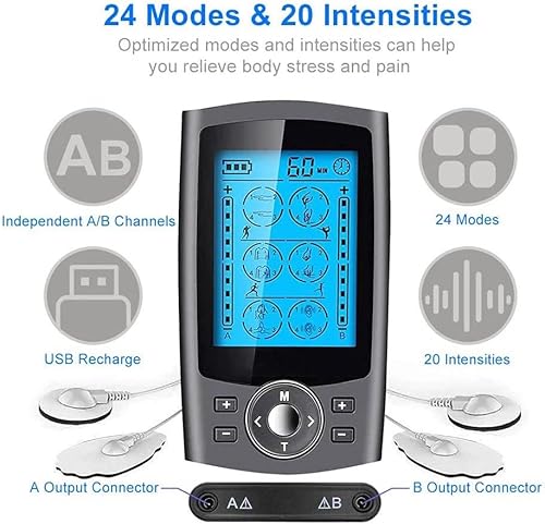 TENS EMS Estimulador muscular, 24 modos de salida doble, puede controlar individualmente la fuerza del masaje para aliviar el dolor corporal,