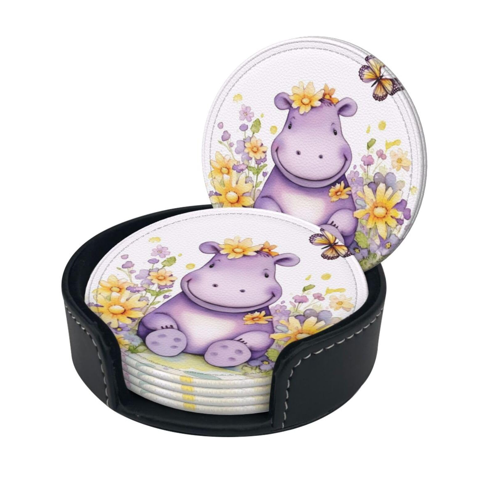 Stylish Coasters - Butterfly Set of 6 Round Leather Drink Coasters with Holder - Perfect Size for Cups and Glasses