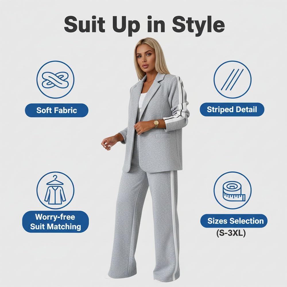 Women’s 2 Piece Business Casual Suit Set Striped Button Blazer and Wide Leg Pants Office Work Outfit with Pockets - Image 6