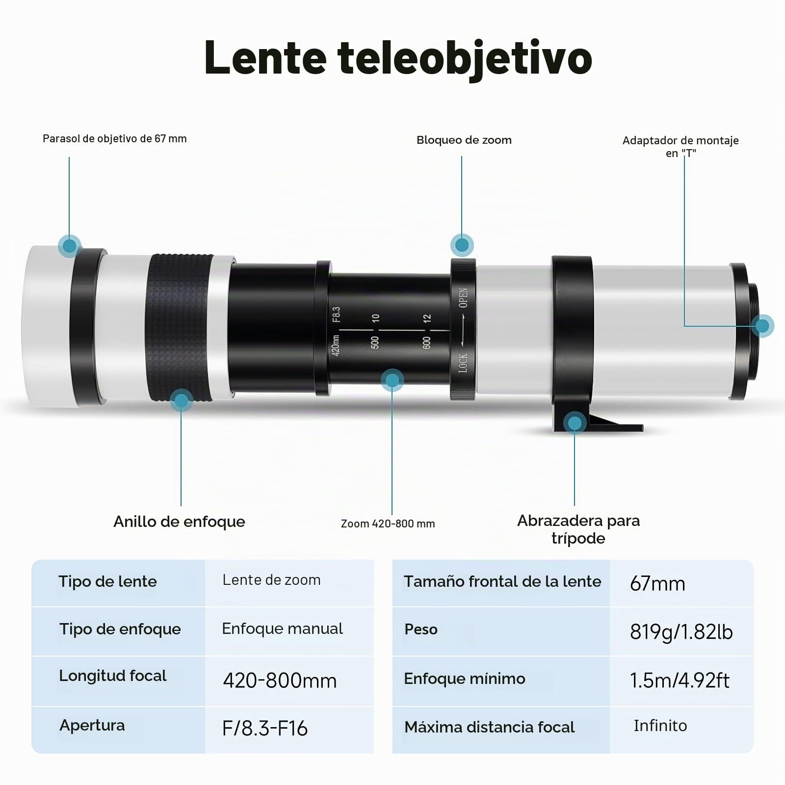 EF/F Teleobjetivo Lente JINTU 420-800mm F8.3 Objetiv EF Enfoque Manual para Canon Nikon D5300 D3400 d7200 d750 d3500 d7500 d5500 d3300 T8i T7 T7i T6 T6i 850D 750D 250D 200D 4000D 3000D 2000D 1500D