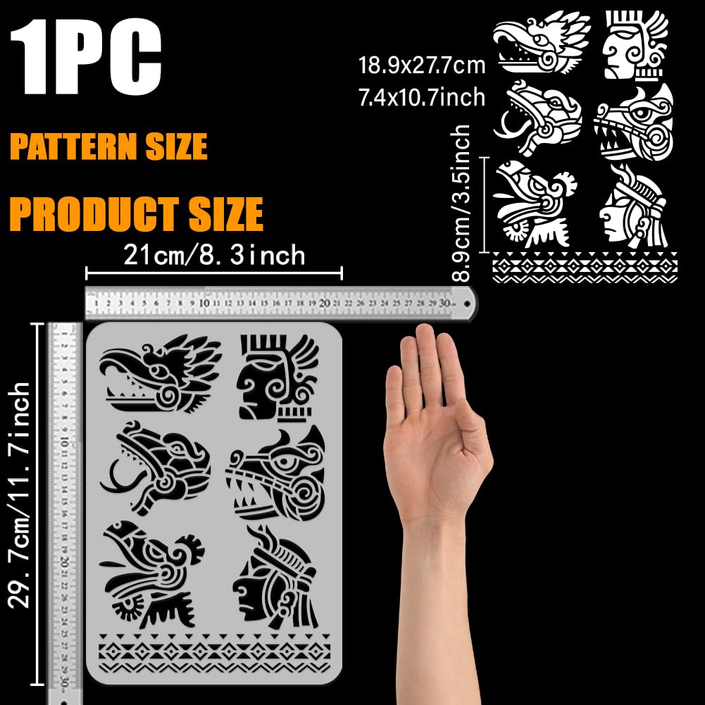 FINGERINSPIRE Mayan Aztec Symbols 8.3x11.7" Plastic Tribal Theme Painting Stencils - Reusable Human Faces, Snakes, Tigers, Dragons and Birds - Image 2