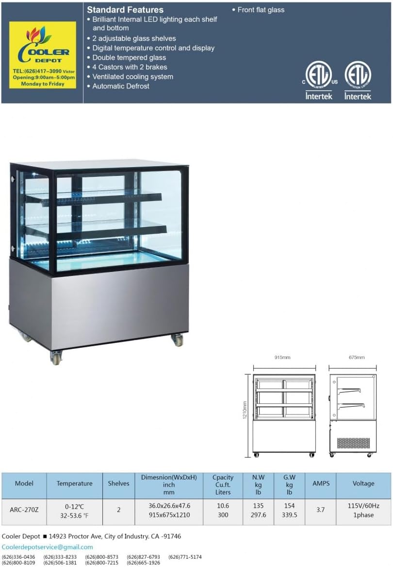 Refrigerated Bakery Display Cooler Case for Pastry Deli Uprighted 36" Wide Cooler Glass Display Curve Case Refrigerator-Commercial NSF UL ETL ARC-271Z