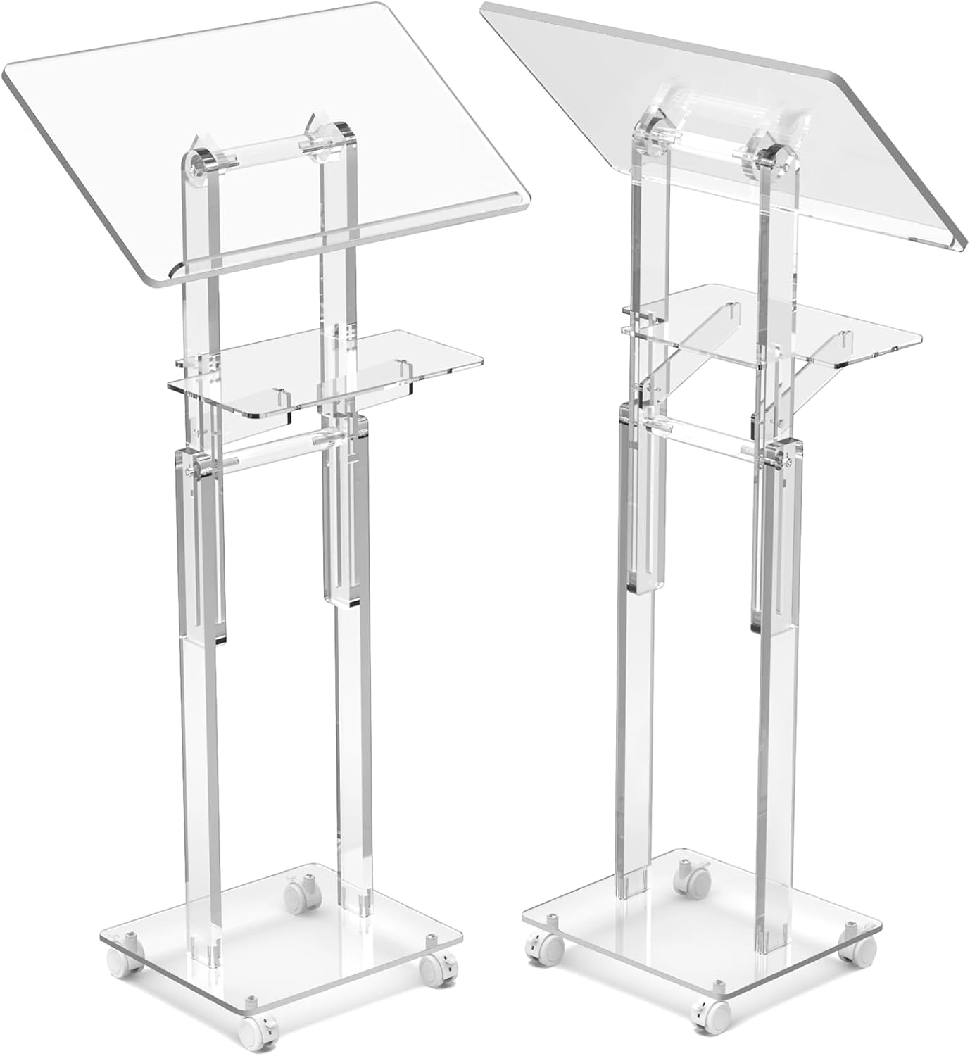 Acrylic Podium Stand Portable, Rolling Podium with Wheels, Clear Podium with Storage Shelf, Lockable Wheels, Adjustable Height pulpits for Churches, Classroom, Weddings, Speech