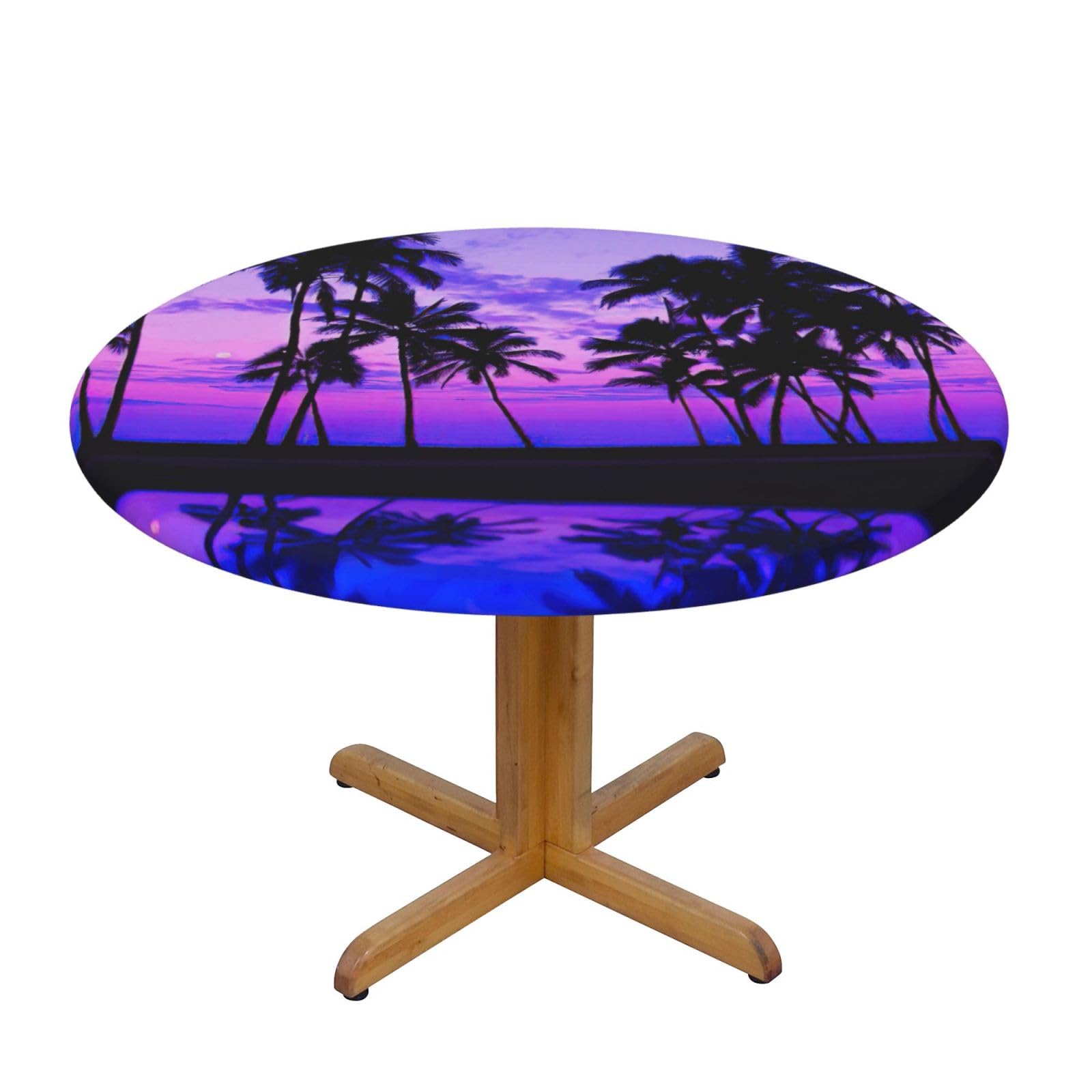 Palm Tree Purple Sunset Print Round Tablecloth Waterproof Table Cover Wipe Clean Washable Table Protector For Dining Room