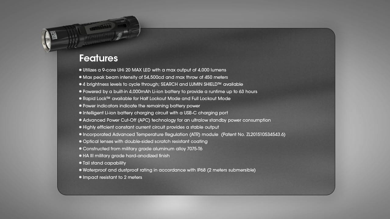 EdisonBright Nitecore EDC33 4000 Lumen LED USB-C Rechargeable Powerful Tactical Flashlight, Battery, Paracord Lanyard Charging Adapter
