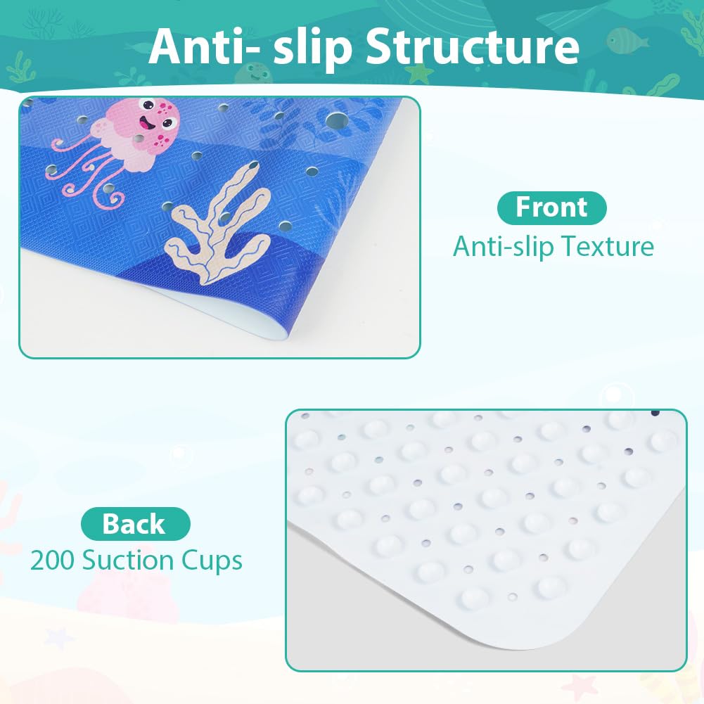 Aolso Tappetino da bagno per Bambini, 100x40cm Tappeto per Doccia con Due Ganci, Tappetino Antiscivolo Antimuffa per Vasca da Bagno e Doccia, Modello Animale Marino, con Ventose, Lavabile in Lavatrice
