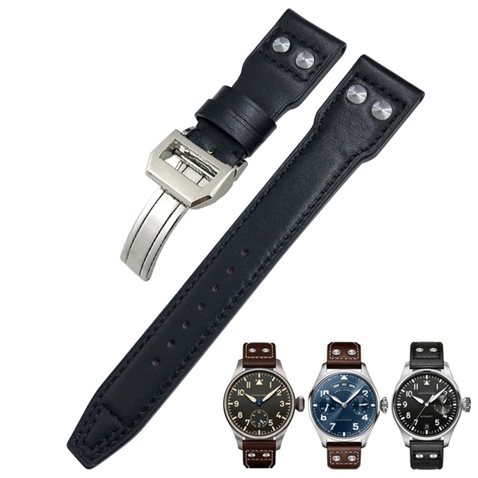 Cinturino in vera pelle con rivetti da 20 mm adatto per IWC Big Pilot TOP GUN Watch IW3777 cinturino in pelle di vitello, Black Buckle, agata